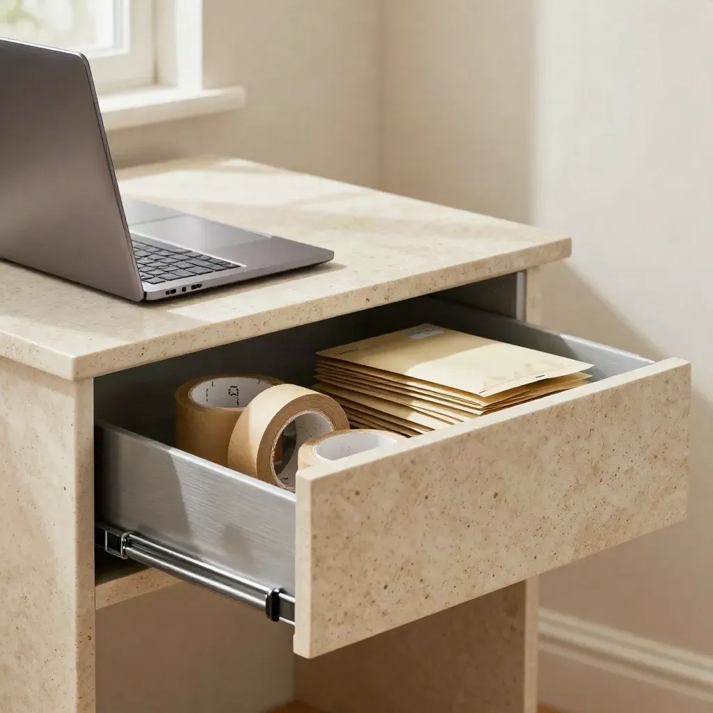 Open supply drawer, stacked shipping tape rolls and angled laptop in a bright travertine operations corner.