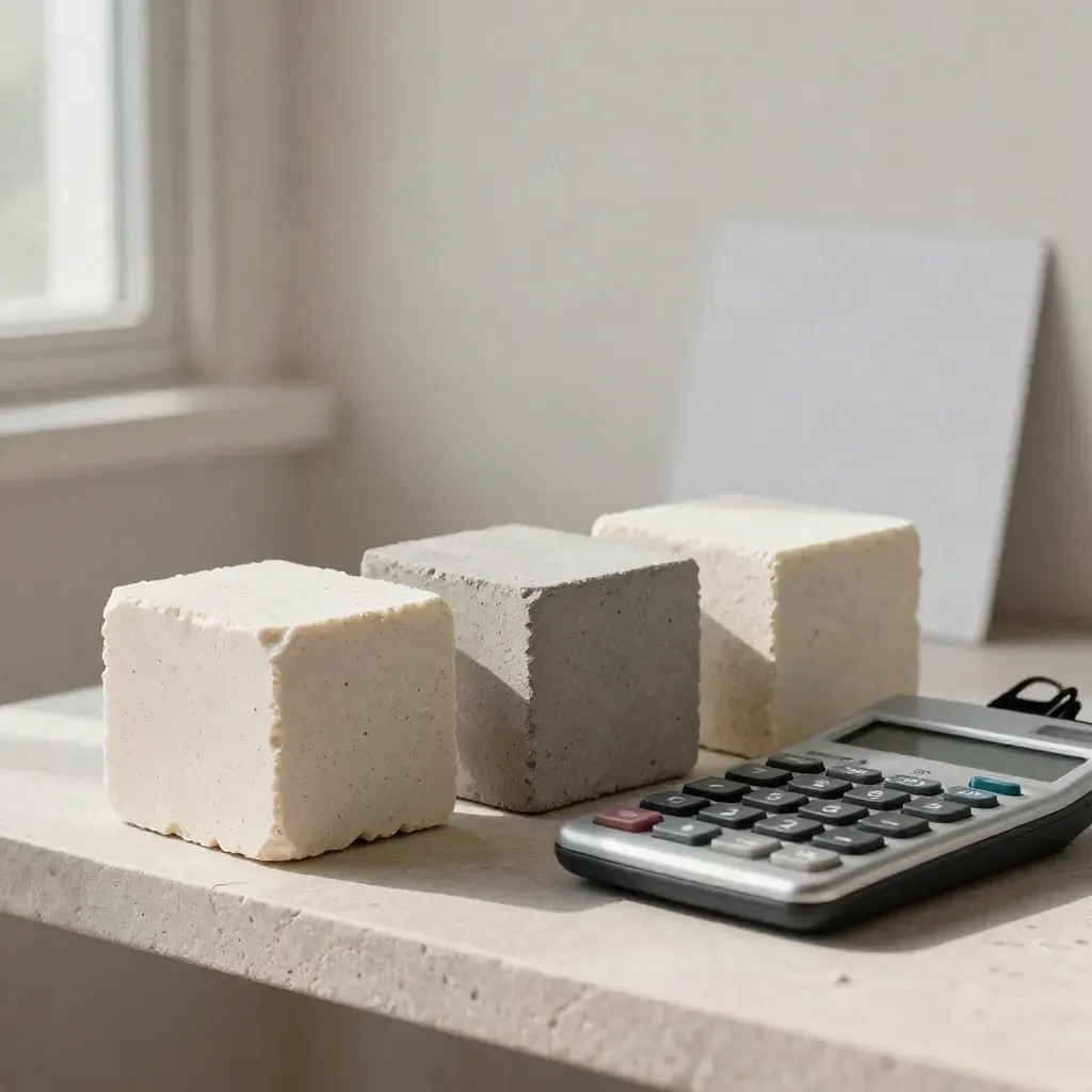 Stone samples, calculator, and file clip arranged on a shelf with soft side light.