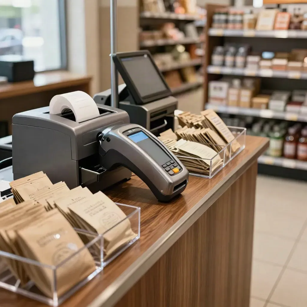 Checkout lane with card reader, cash drawer, receipt roll, and impulse items in warm light.