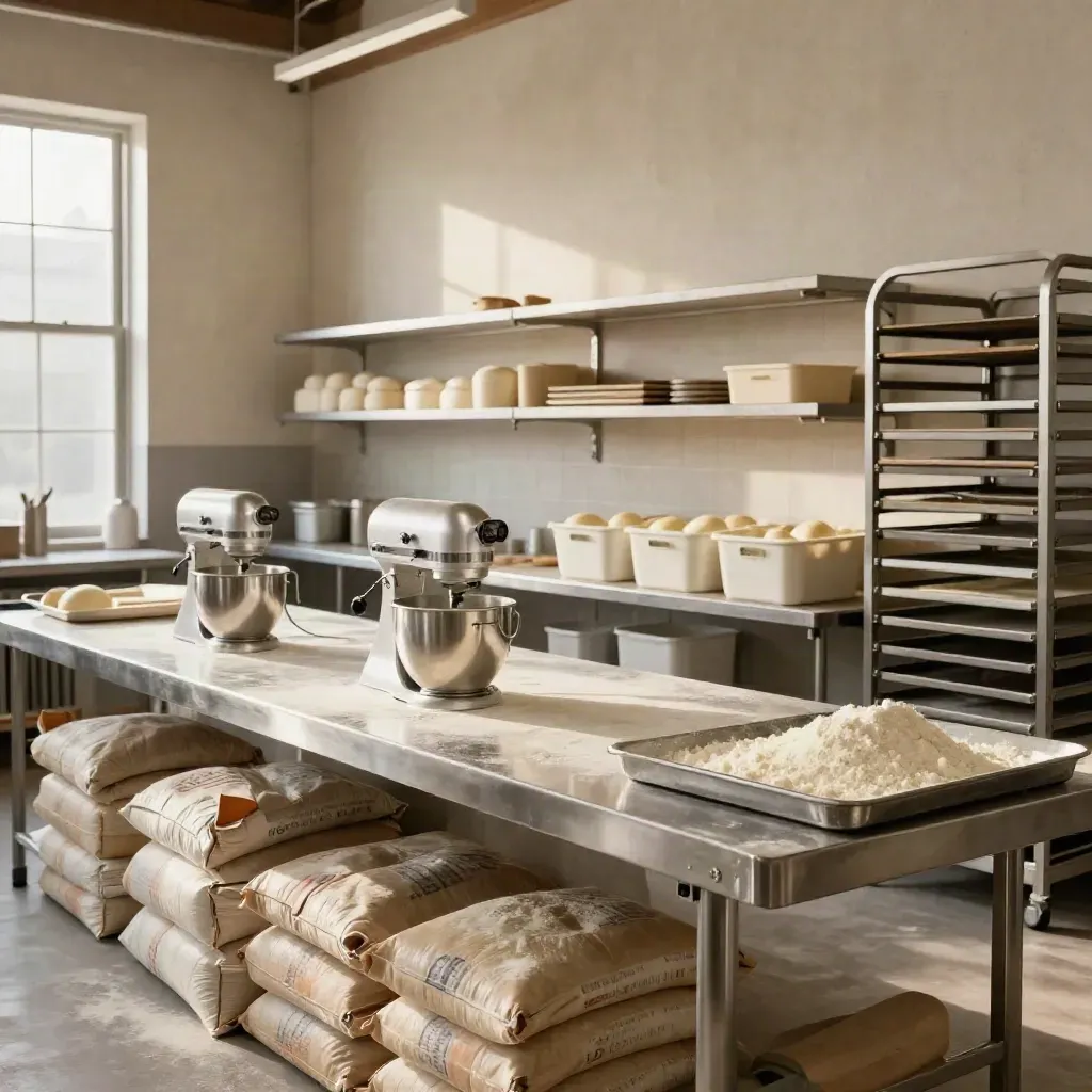 Expanded bakery prep room with mixers, flour sacks, and stainless shelving in warm light.