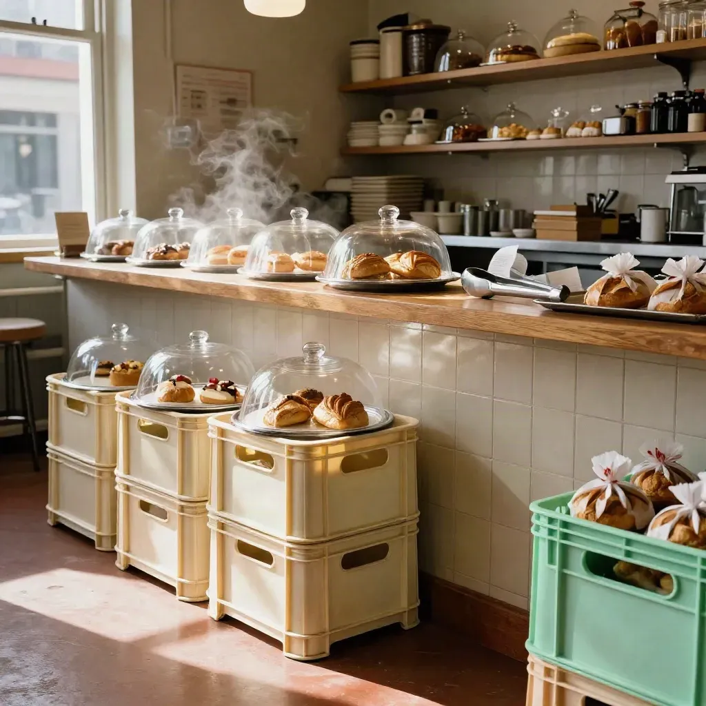 Back-café counter restocked with pastry domes, milk crates, receipt rolls, and warm steam in afternoon light.