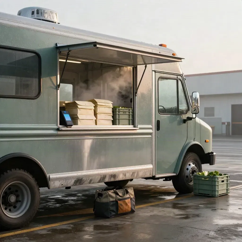 Foggy loading bay with food truck, produce crates, envelopes, card terminal and repair tote at dawn.