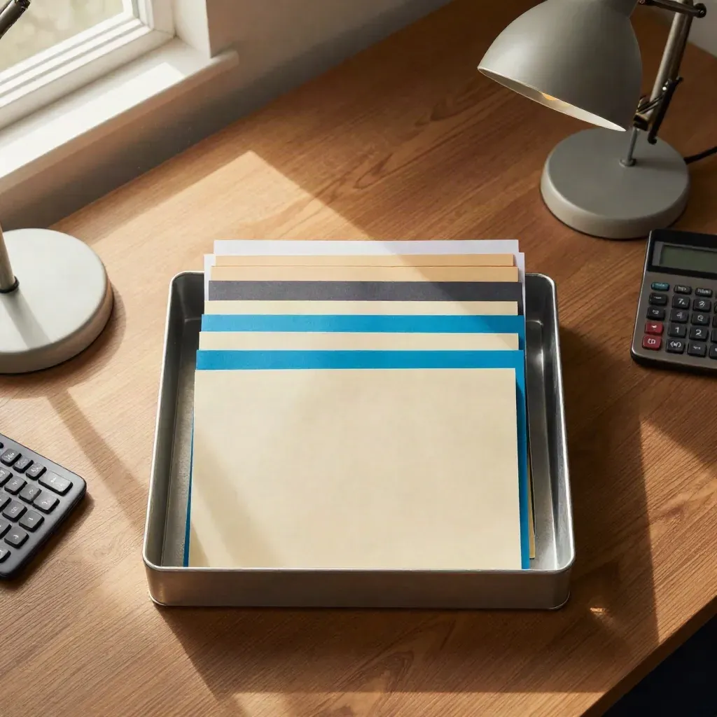 Top-down underwriting folders, calculator, tray and lamp on a warm oak worktable.