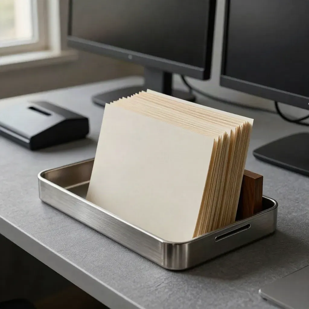 Empty finance studio tray, angled monitors, and a tidy payroll corner in soft daylight.