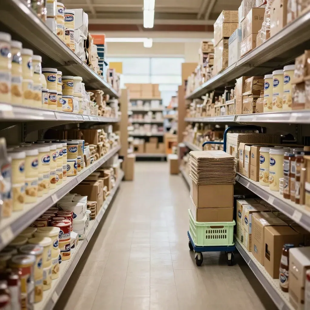Holiday-ready retail aisle with full shelves, cartons, and a parked back-stock cart.