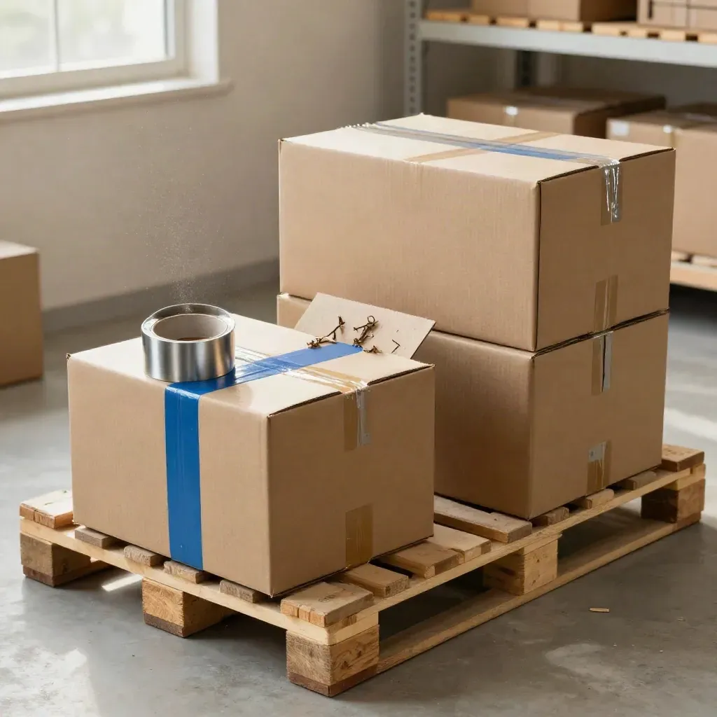Kraft shipping boxes and palletized units staged on a packing bench, blue strap catching light.