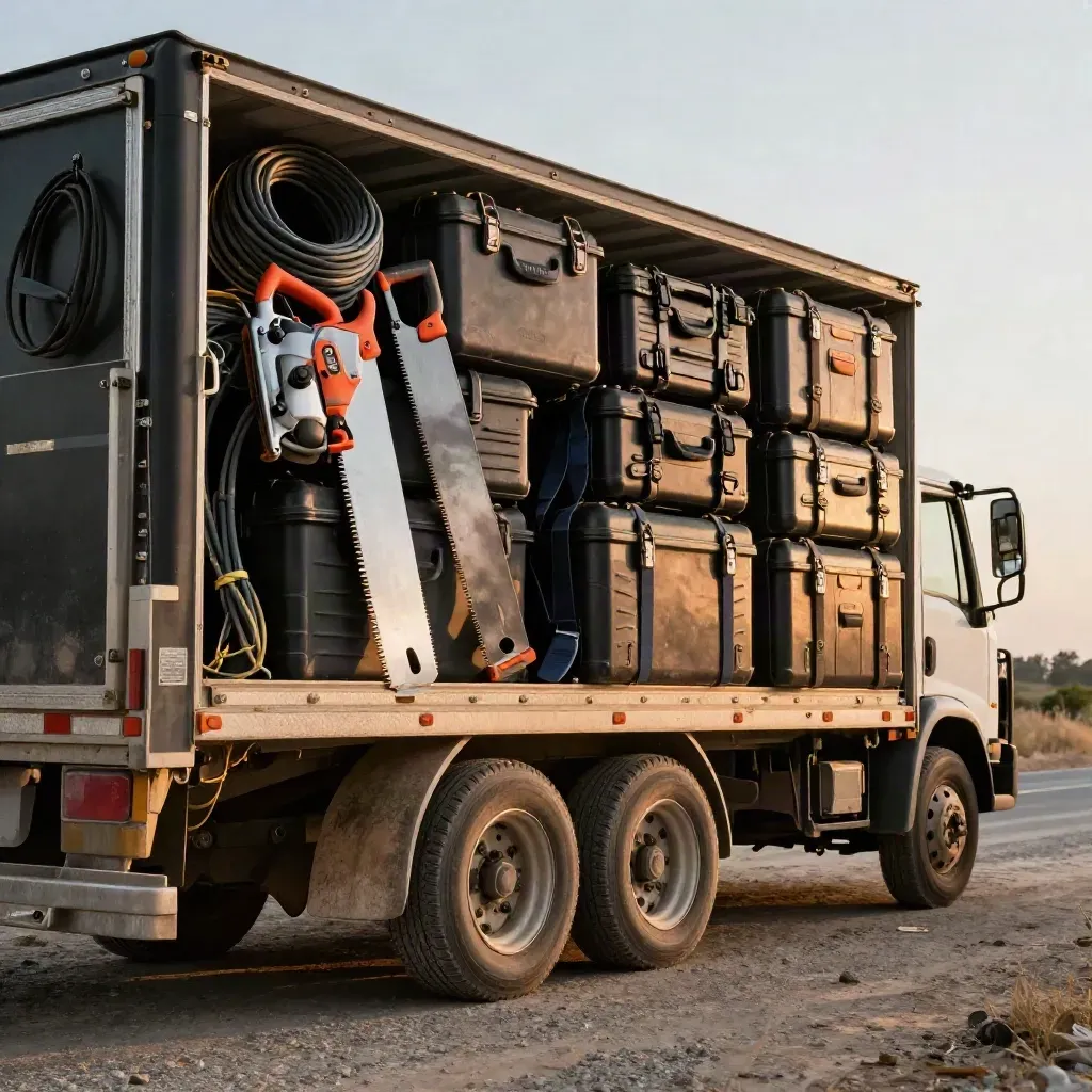 Loaded contractor trailer with new saws and hard cases on a dusty roadside