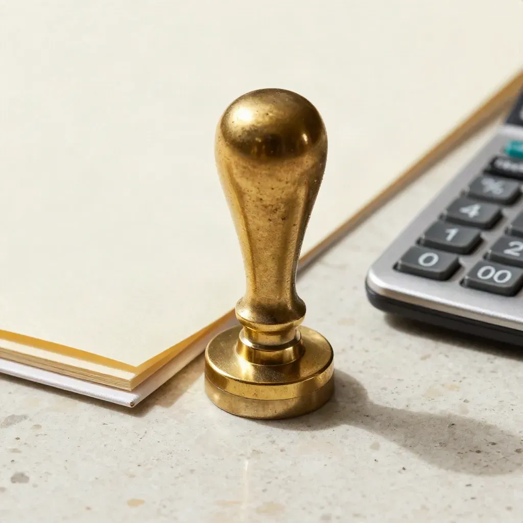 Brass funding desk stamp beside a locked folder and calculator edge on pale stone
