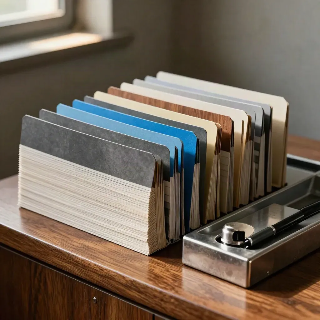 Underwriting sleeves, steel paperweight, and pen cap in a dim finance workspace.