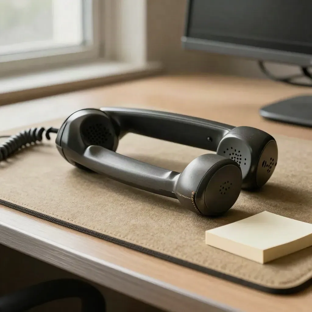 Corded desk handset, coiled cable, and face-down note cube on a support desk