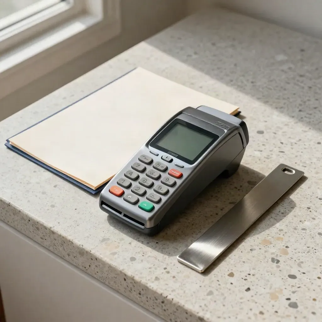 Card terminal, secure file sleeve and metal clip on stone, top-down fintech still life.