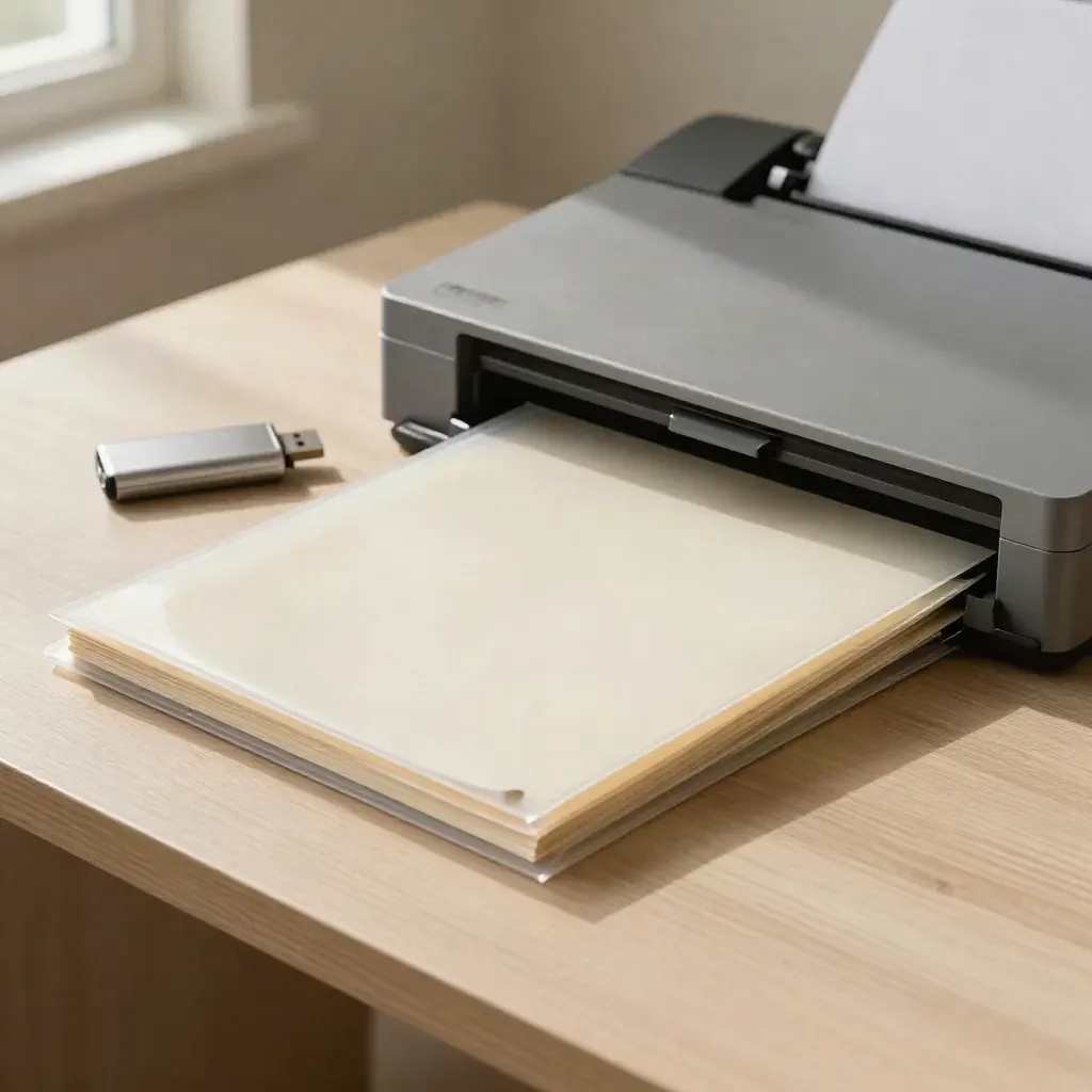 Document sleeve, binder, USB drive, and scanner lid on pale wood in soft light