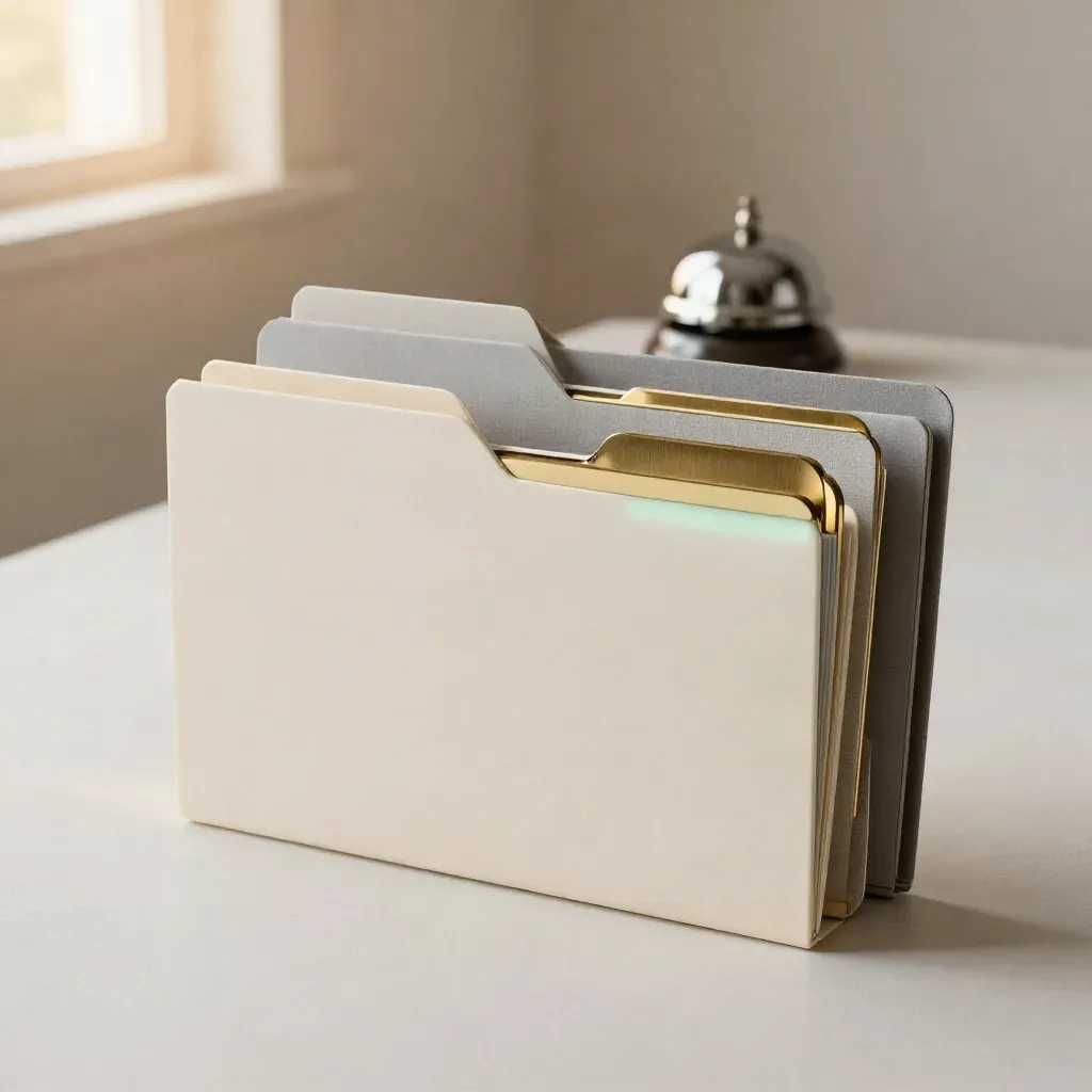 Three folders, a brass clip, and a desk bell on a plaster sweep with soft light.
