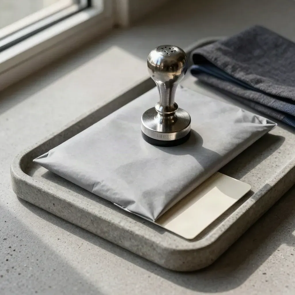 Sealed finance dossier, approval stamp and blank bank card on a stone tray with soft navy cloth.