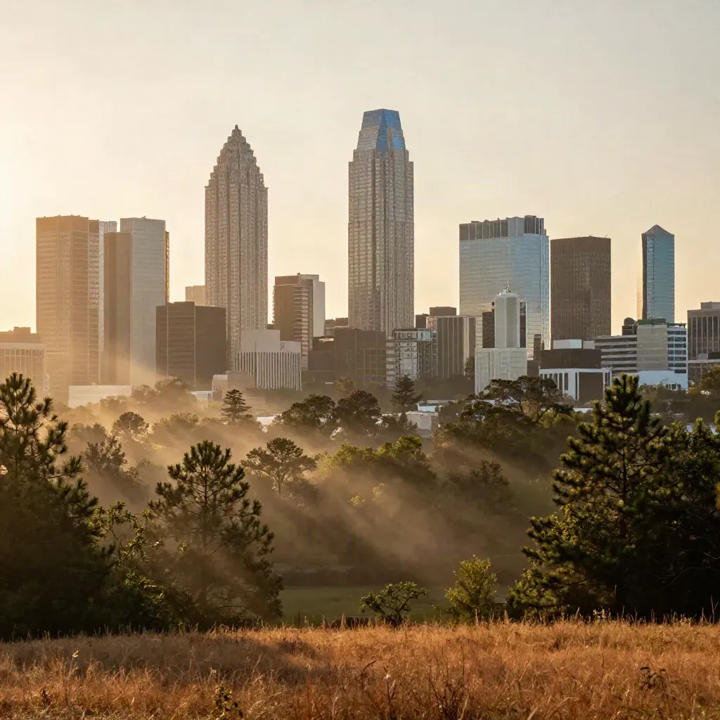 Atlanta skyline glowing beyond pines after a humid storm, with hazy sky and calm foreground.