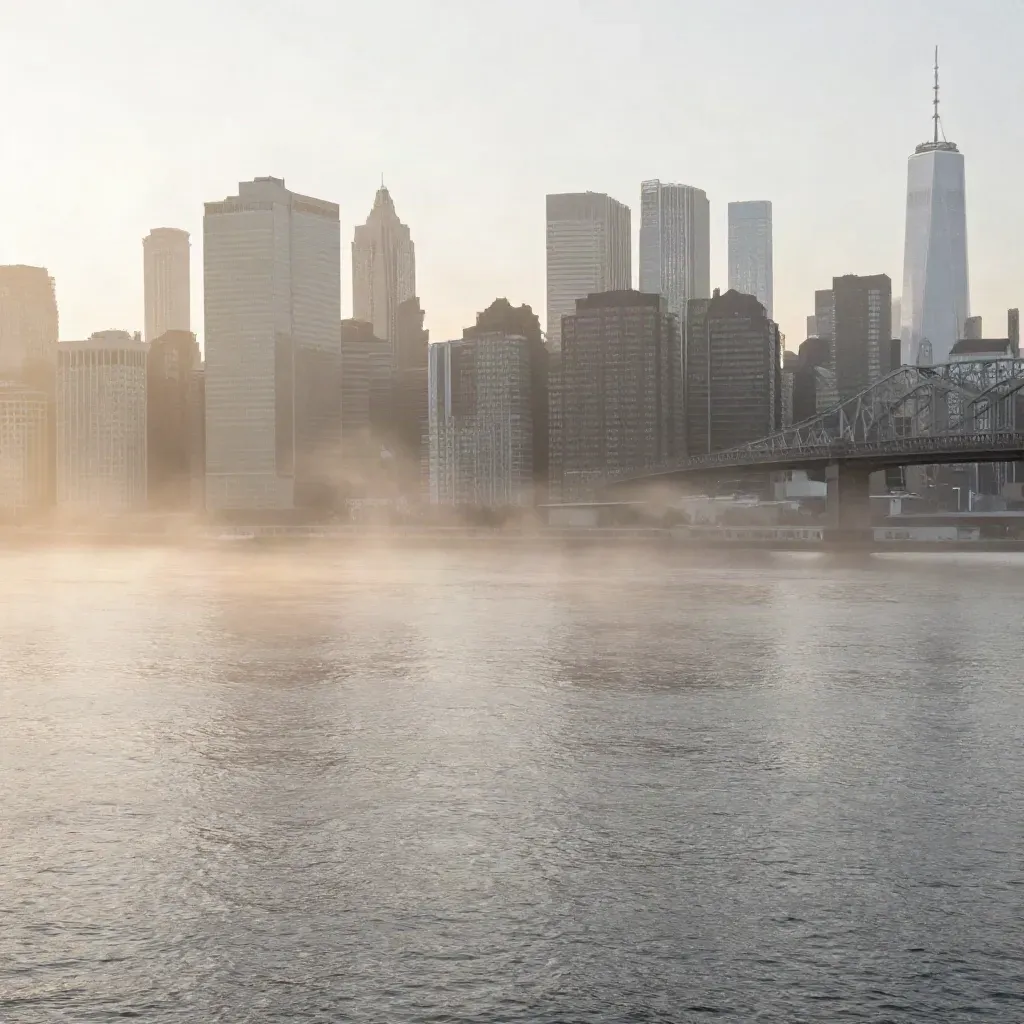 Hazy Manhattan skyline and bridge over calm water at sunrise, with mist and open copy space below.