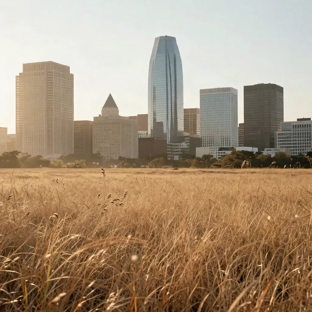 Houston skyline shimmering above a sun-baked prairie in late-afternoon haze.