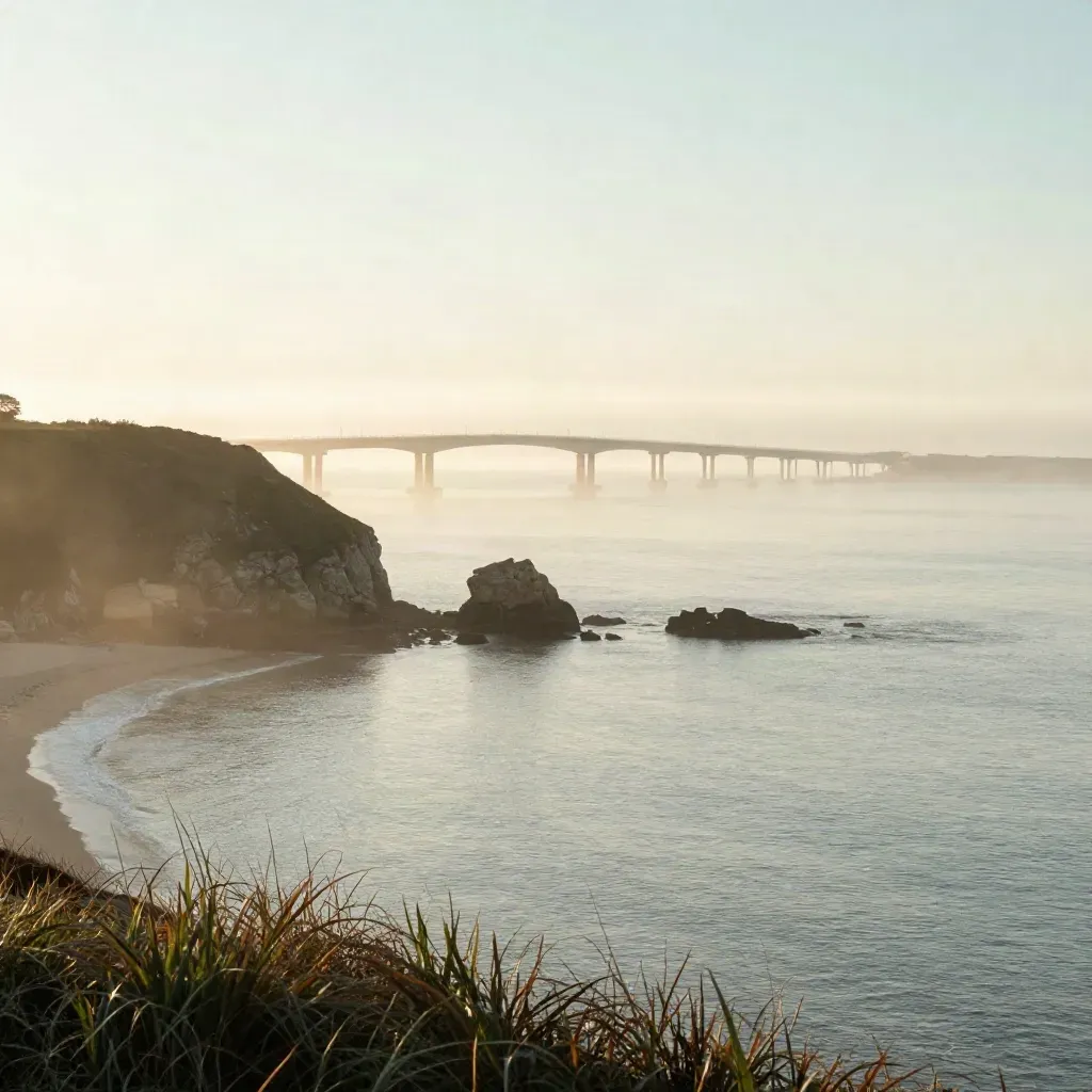 Foggy West Coast bluff with a distant bridge above calm water at golden hour